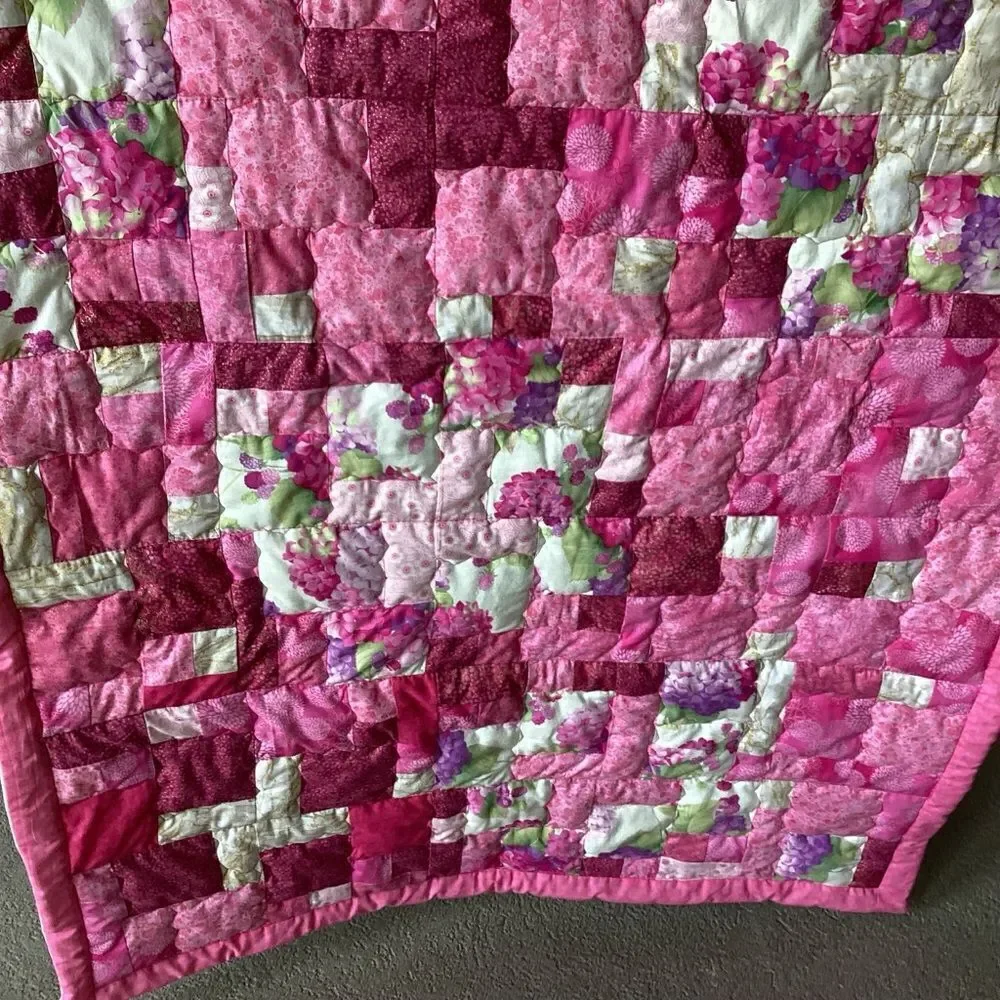 NWT. Hand Crafted Gold and Pink Hydrangea Lap Quilt